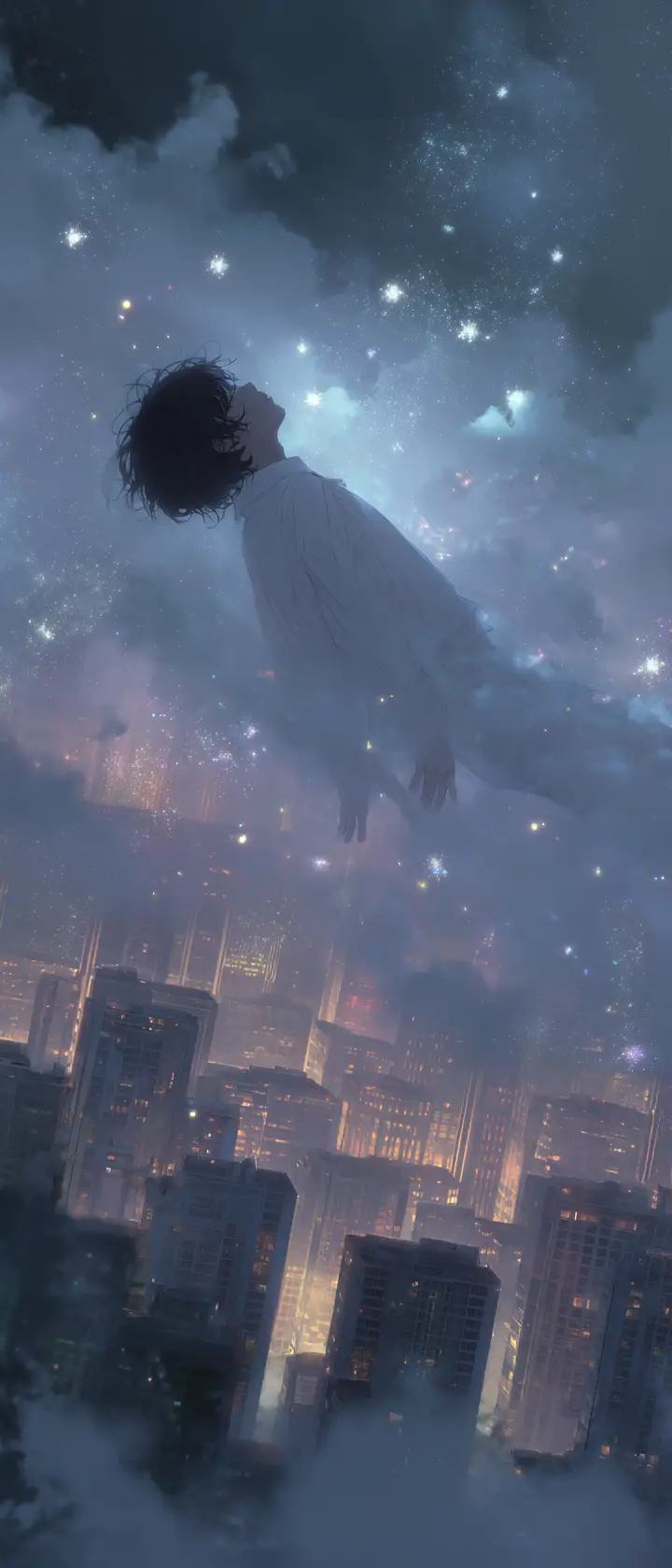 Ghostly boy above a sleeping city reaching for fading stars