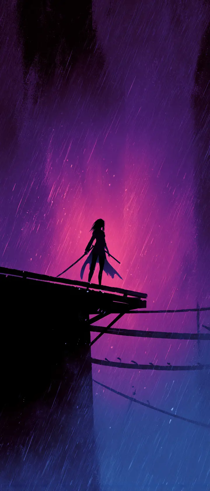 Anime swordswoman on bamboo bridge above deep gorge