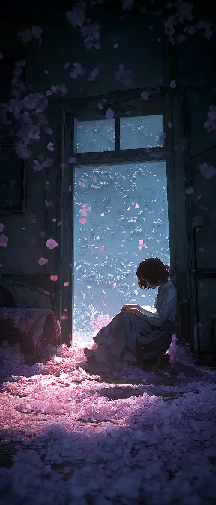 Anime-Mädchen, das sich allein in einem düsteren, leeren Raum zusammenkauert
