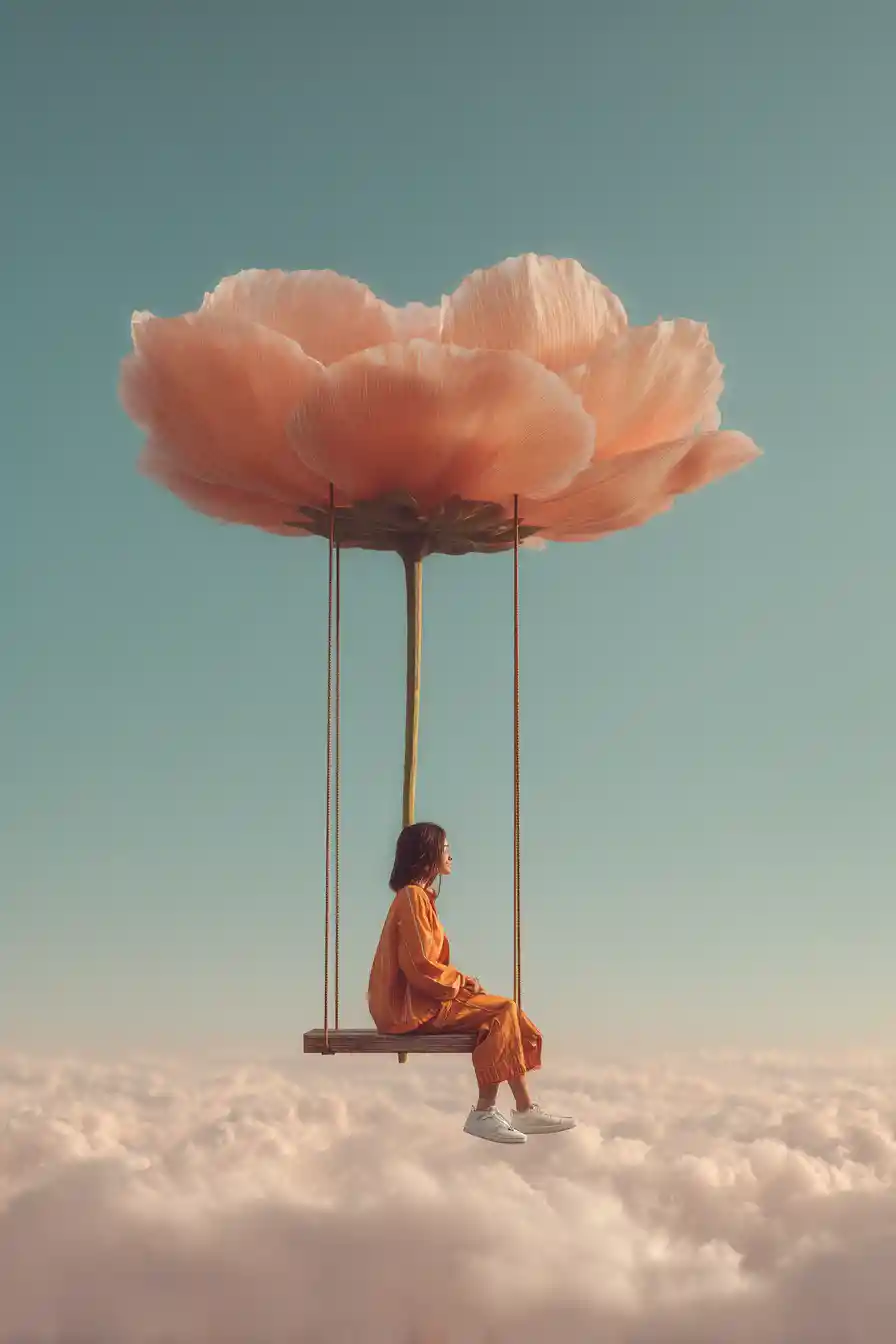 Girl on swing beneath giant flower above the clouds