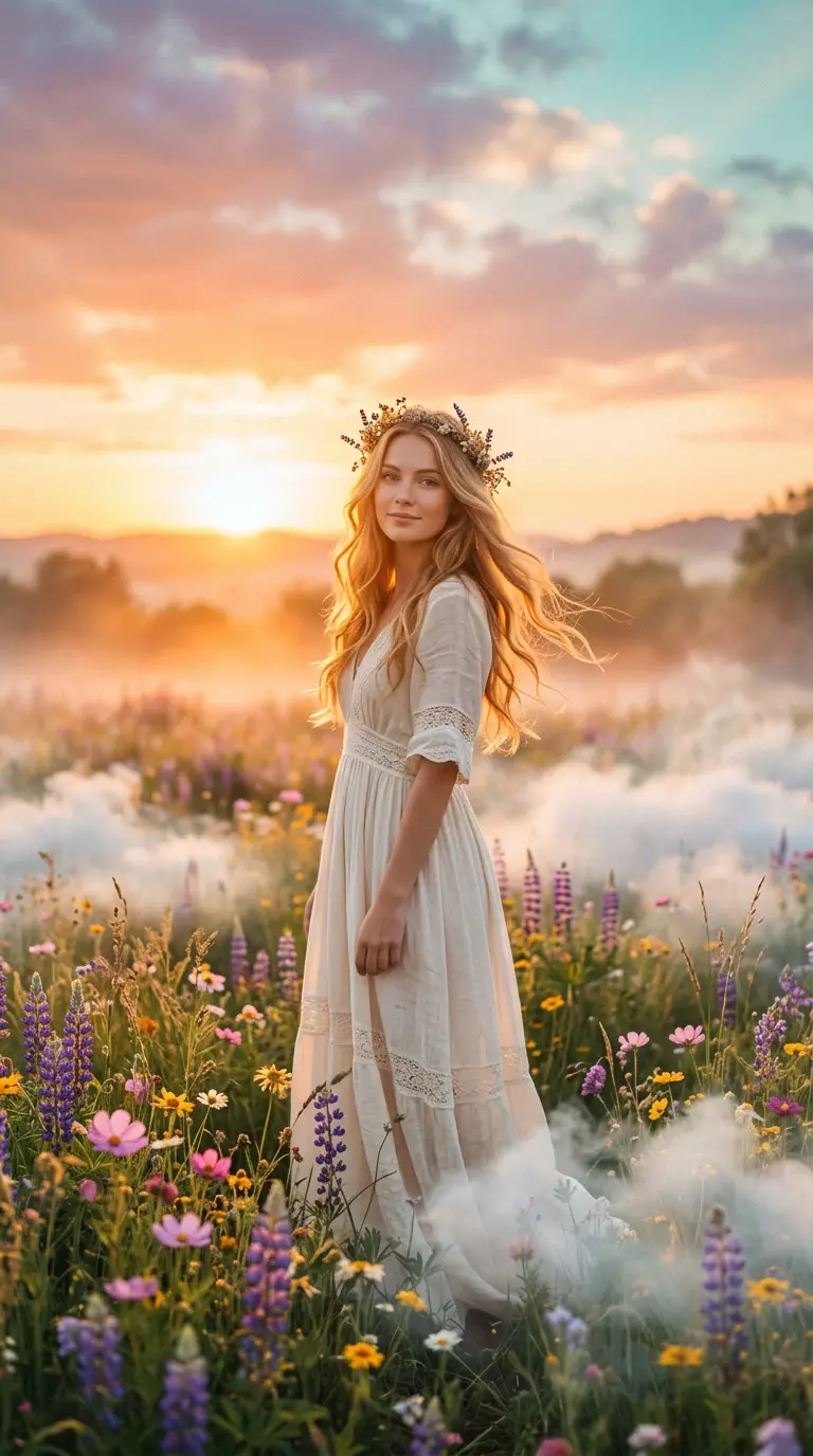 Serene young woman in a dreamy sunset flower field