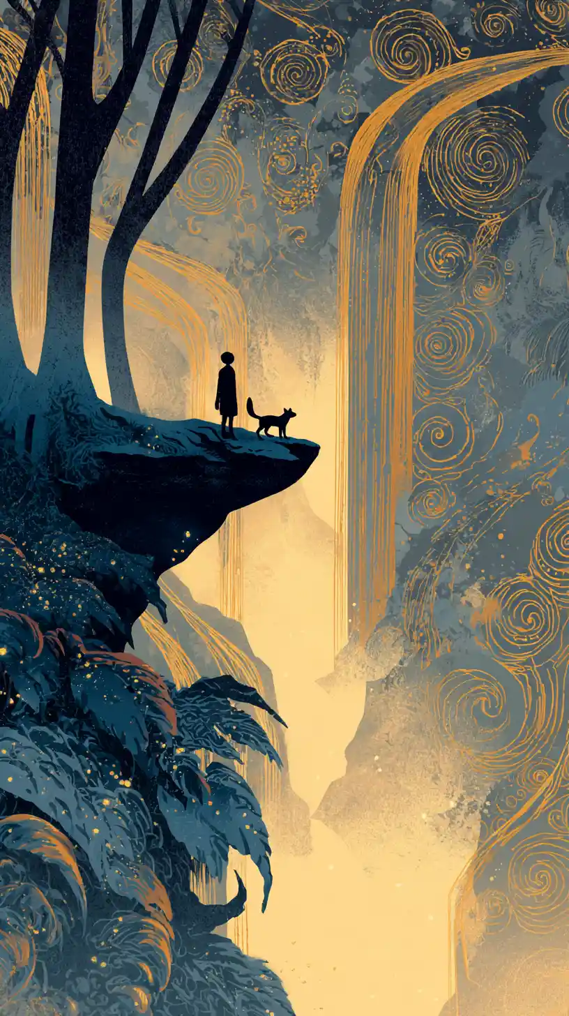 Lone traveler and glowing fox on floating island