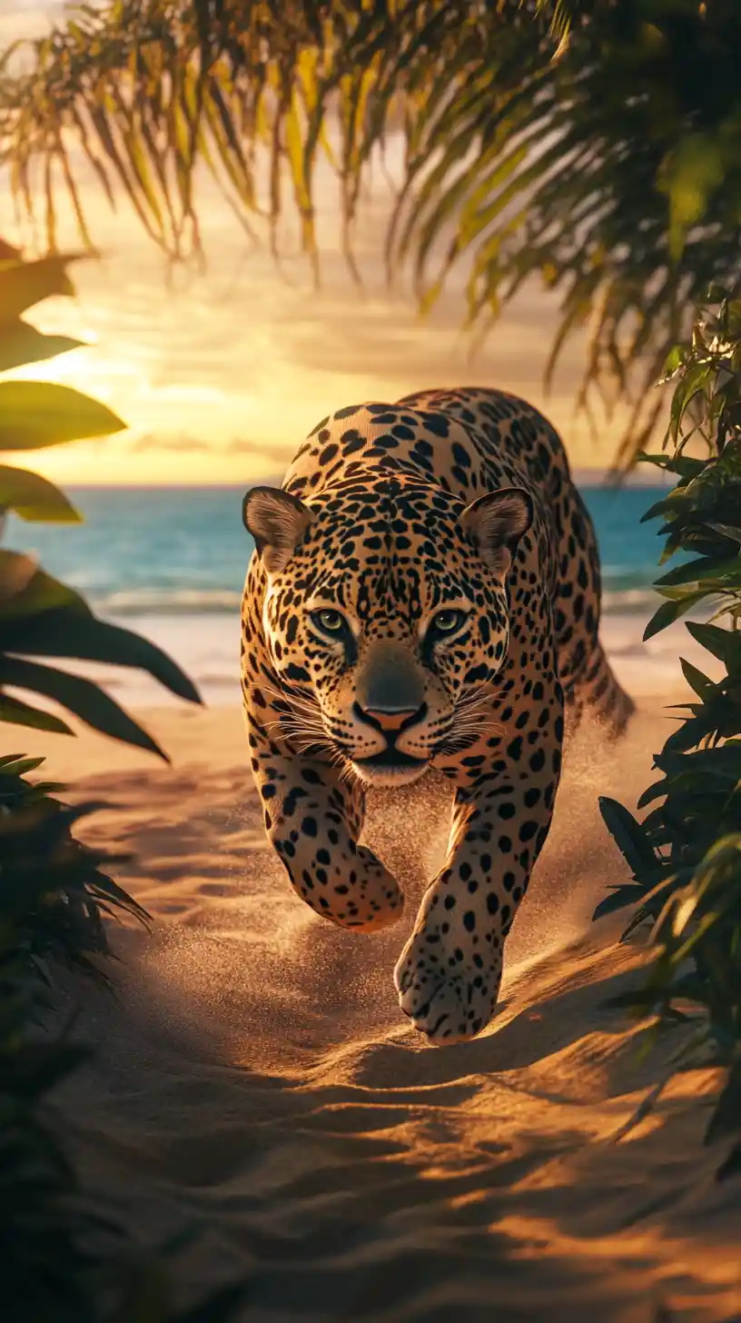 Jaguar Emerging From Tropical Jungle Onto Beach At Sunset