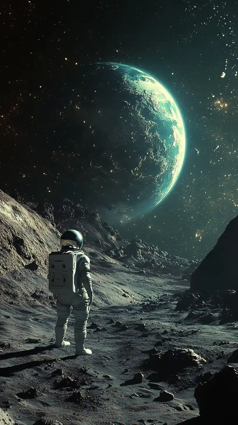 Astronaut On Barren Moon Watching Distant Earth