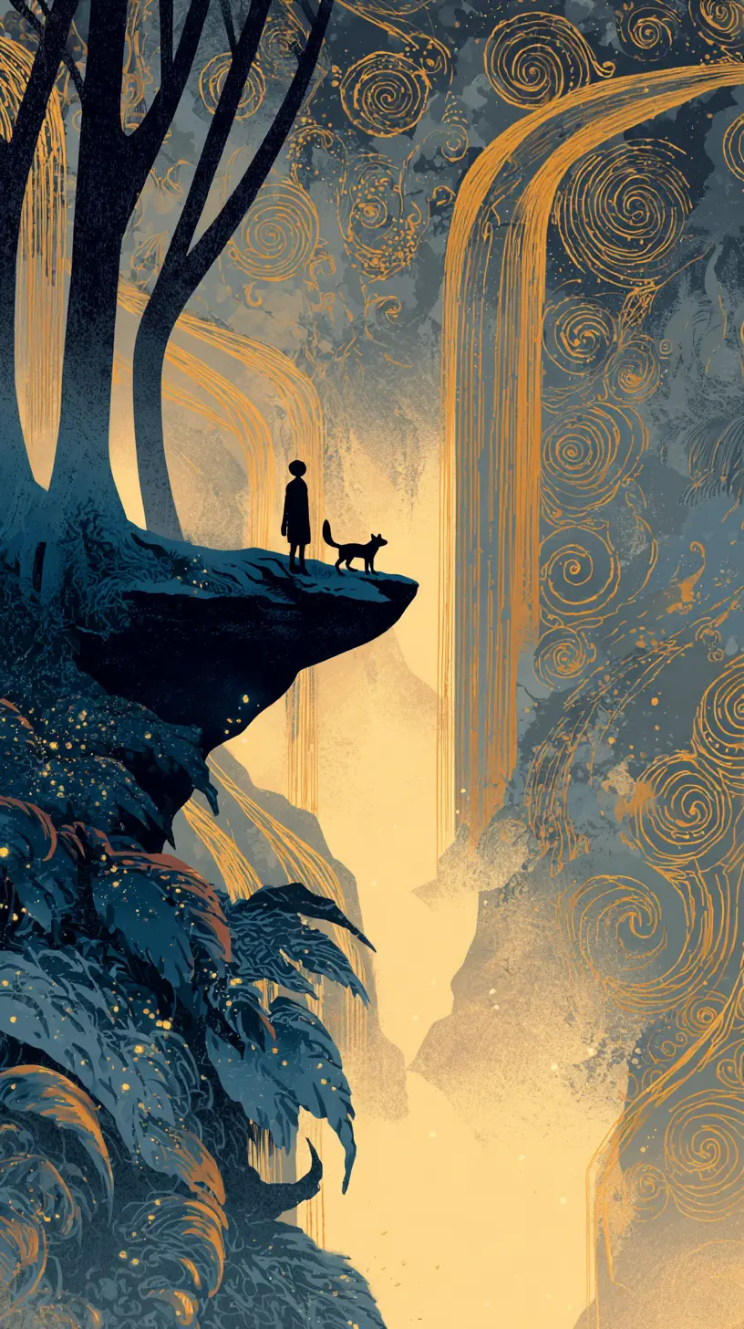 Lone traveler and glowing fox on floating island