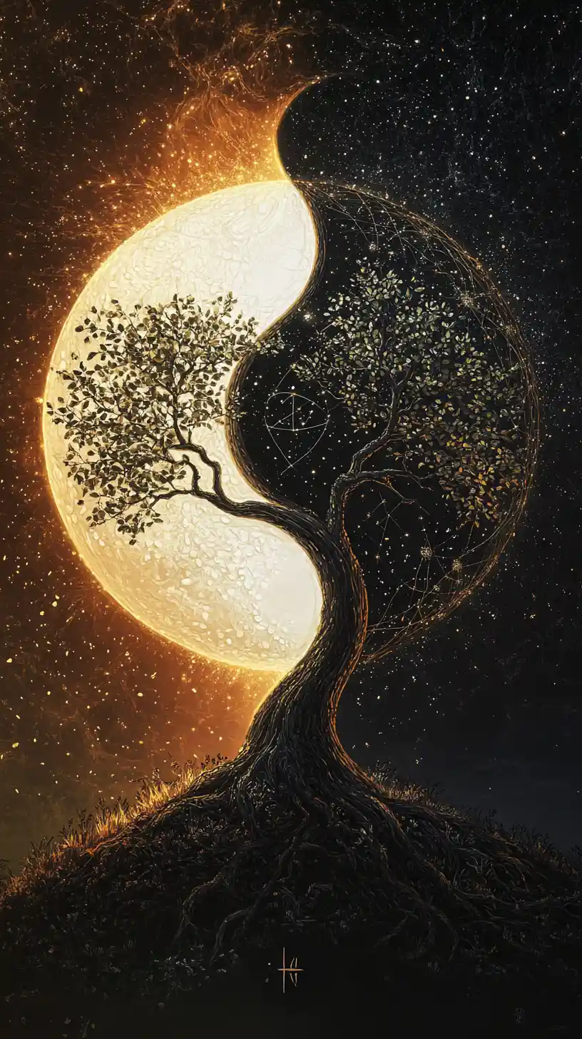 Symmetrical yin yang trees with glowing sacred geometry