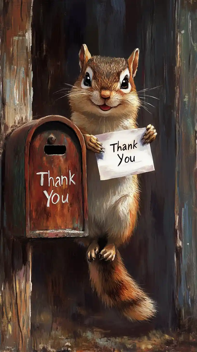 Happy chipmunk mailing a thank you letter at rustic post office