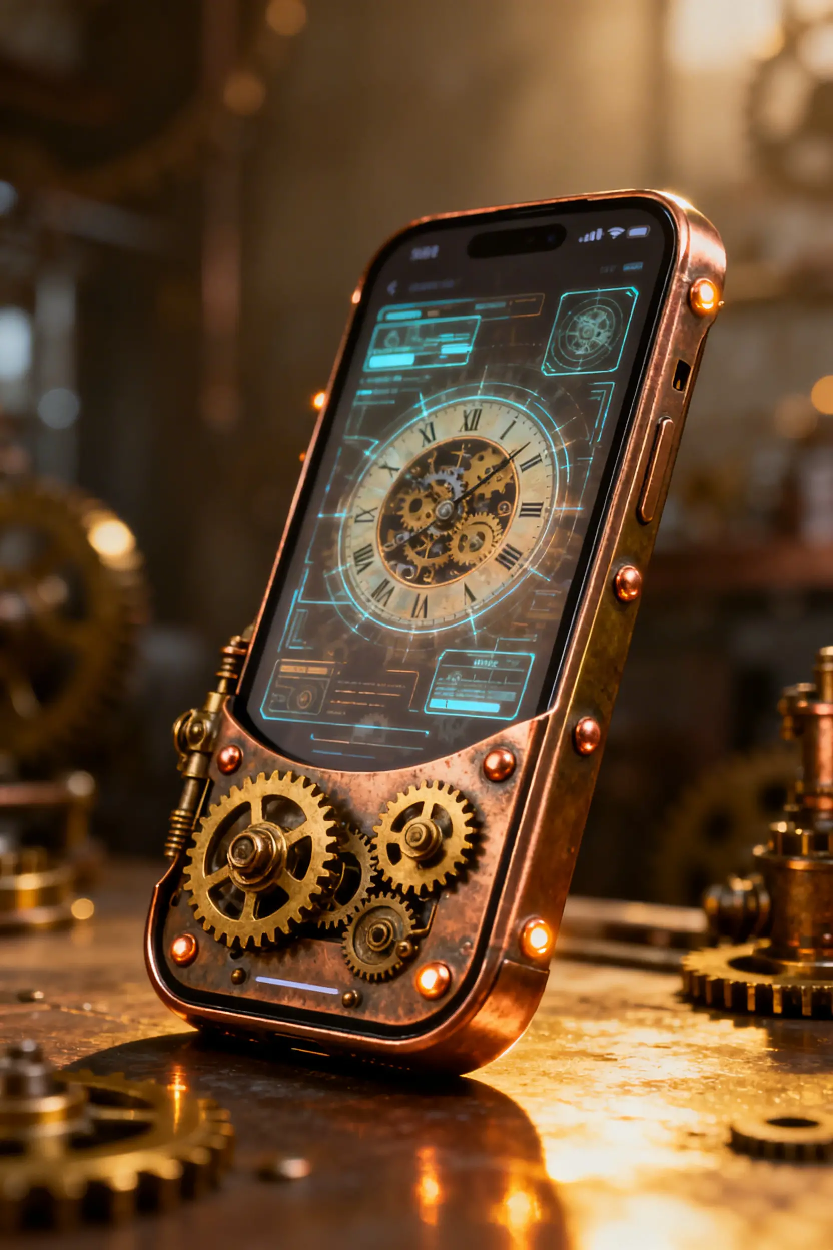 Futuristic steampunk smartphone with brass mechanical details