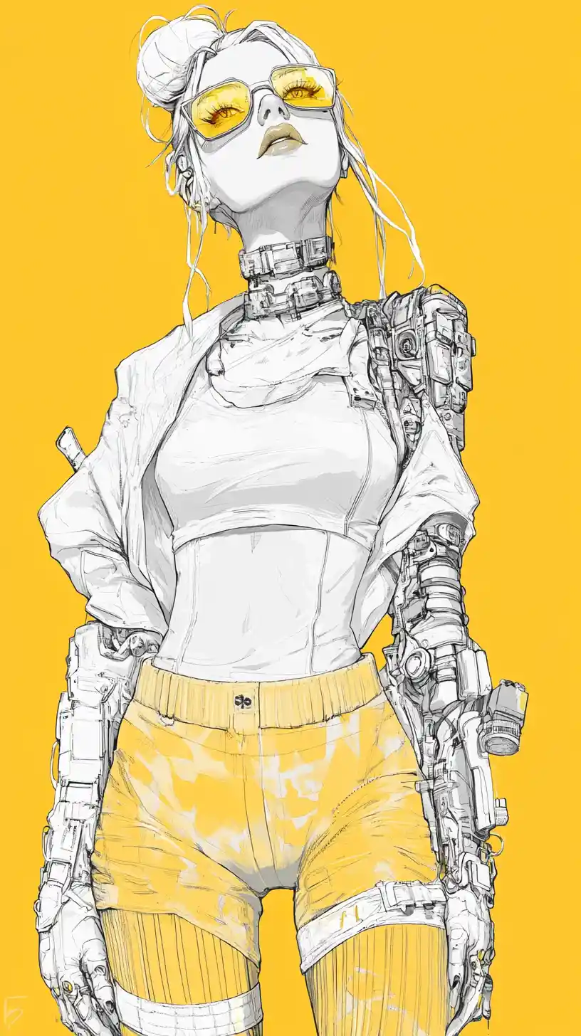 Cyberpunk woman with cybernetic limbs against yellow background