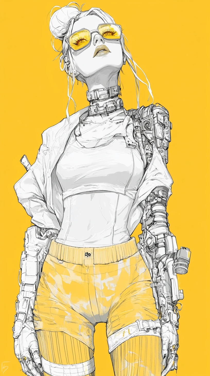 Cyberpunk woman with cybernetic limbs against yellow background