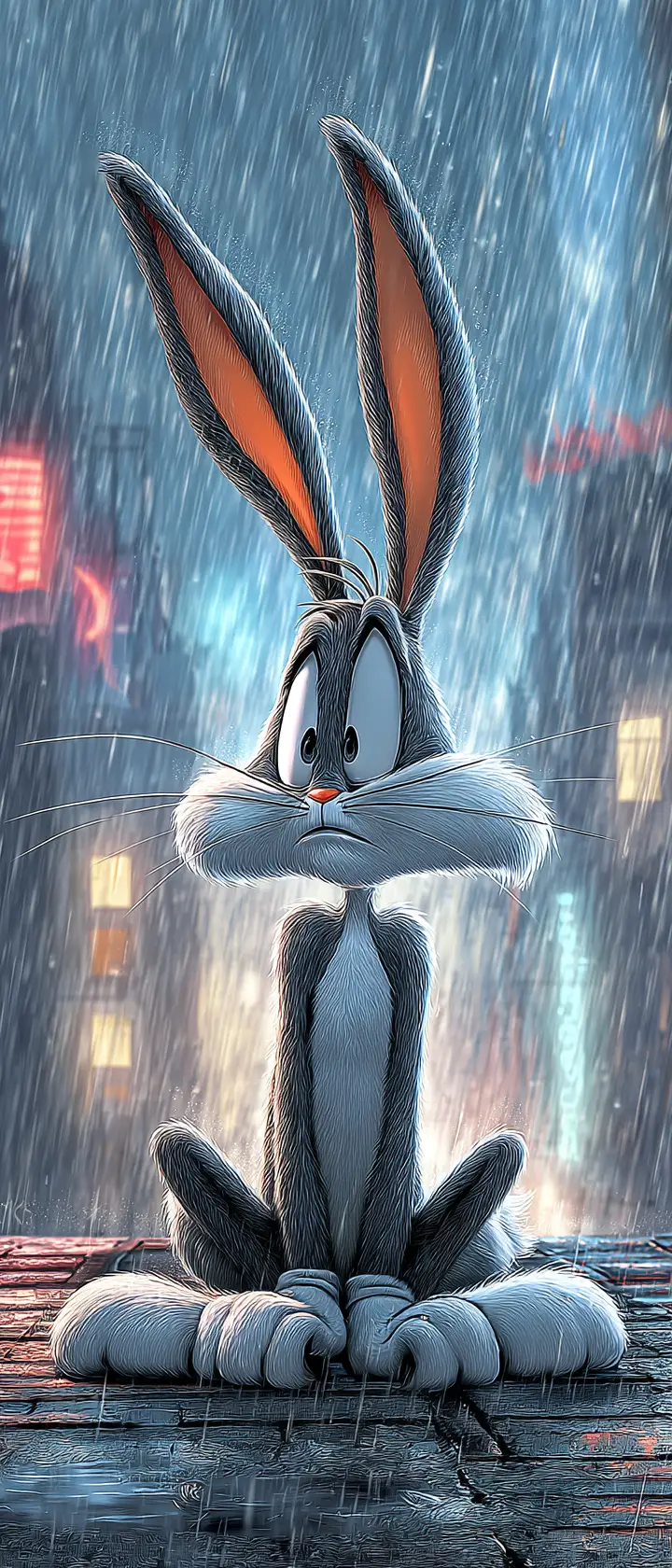 Heartbroken Cartoon Rabbit Alone On Rainy City Rooftop