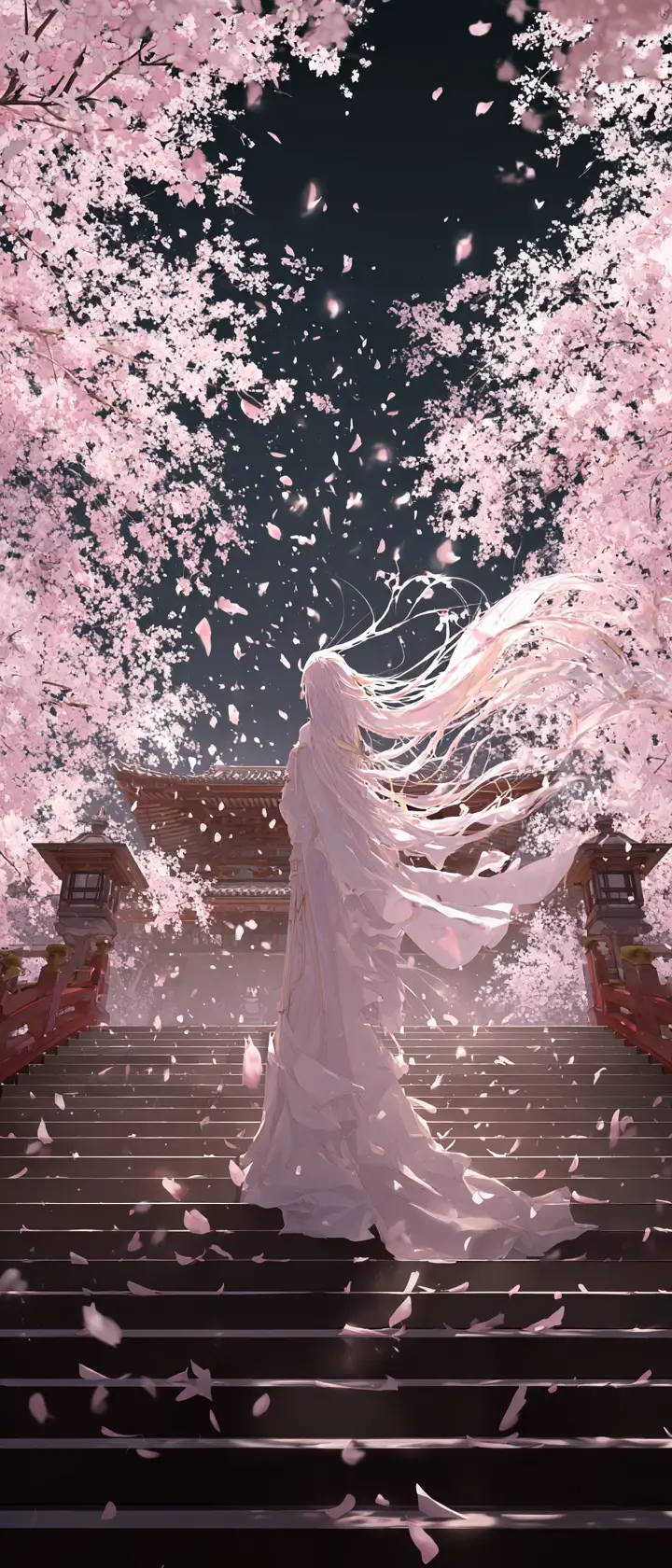 Anime girl dissolving into cherry blossoms on shrine steps
