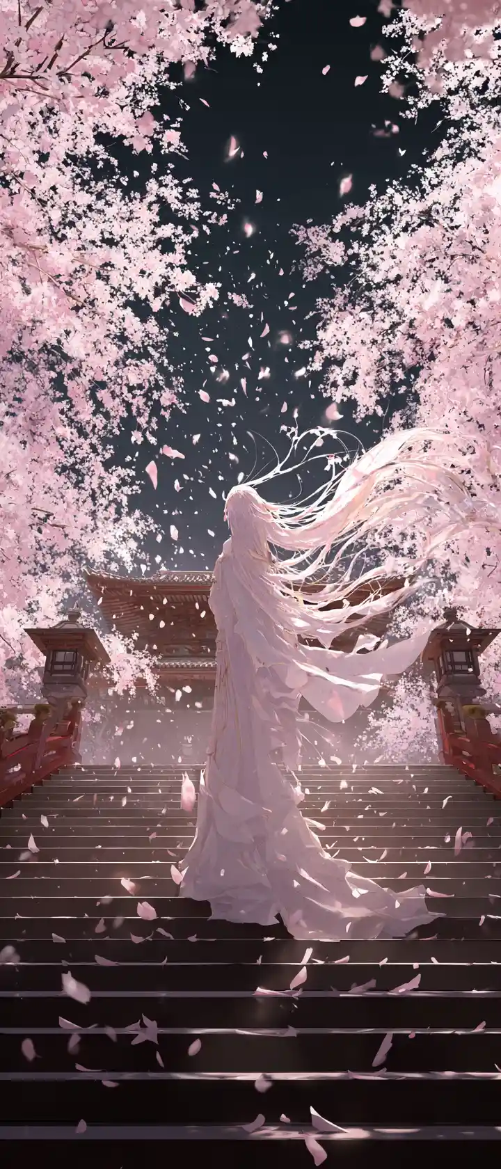 Anime girl dissolving into cherry blossoms on shrine steps