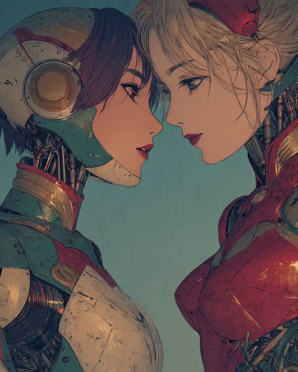 Sci fi romance key visual with two anime android women