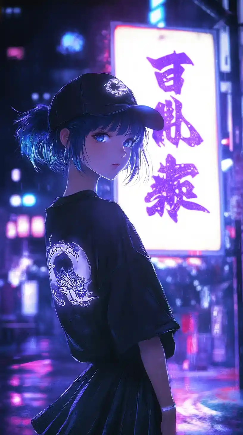 Anime girl in neon lit urban street scene