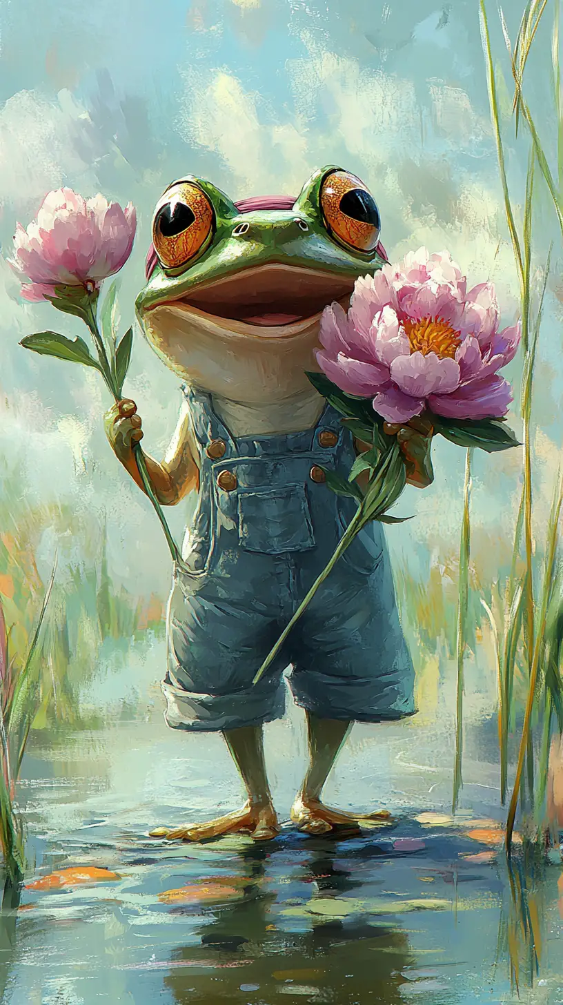 Cute frog with peony standing on a spring pond