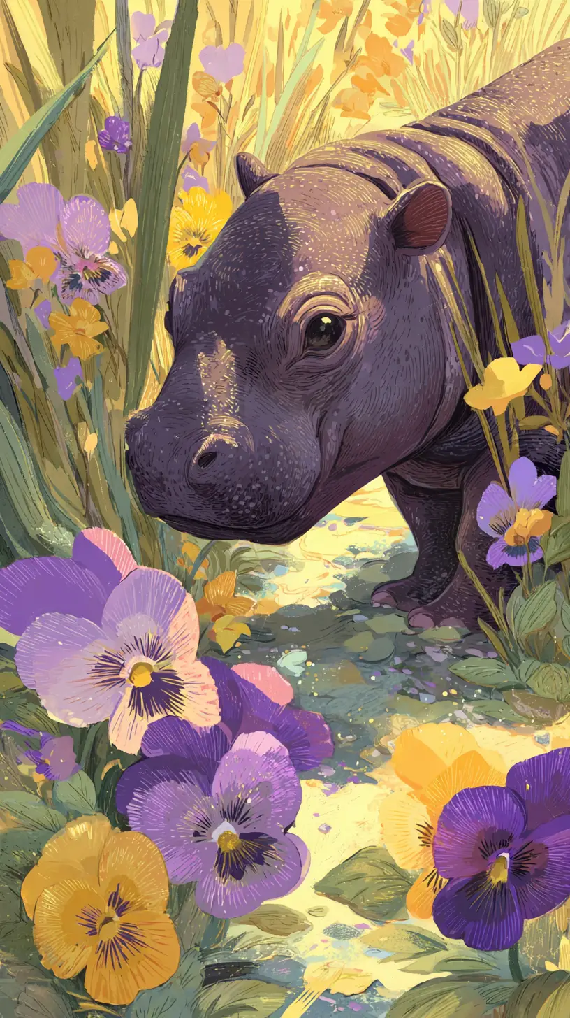 Young hippopotamus smelling pansies in a sunny meadow