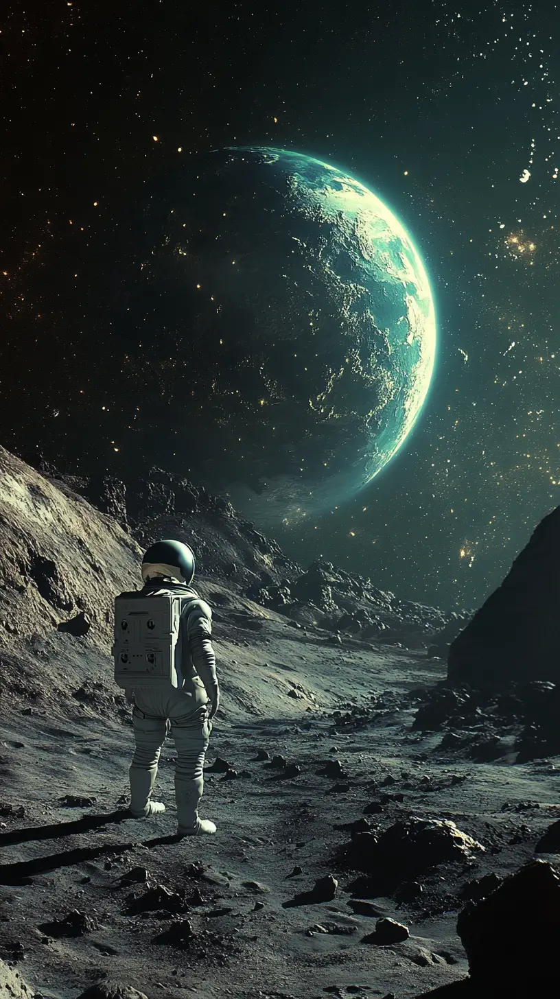 Astronaut On Barren Moon Watching Distant Earth