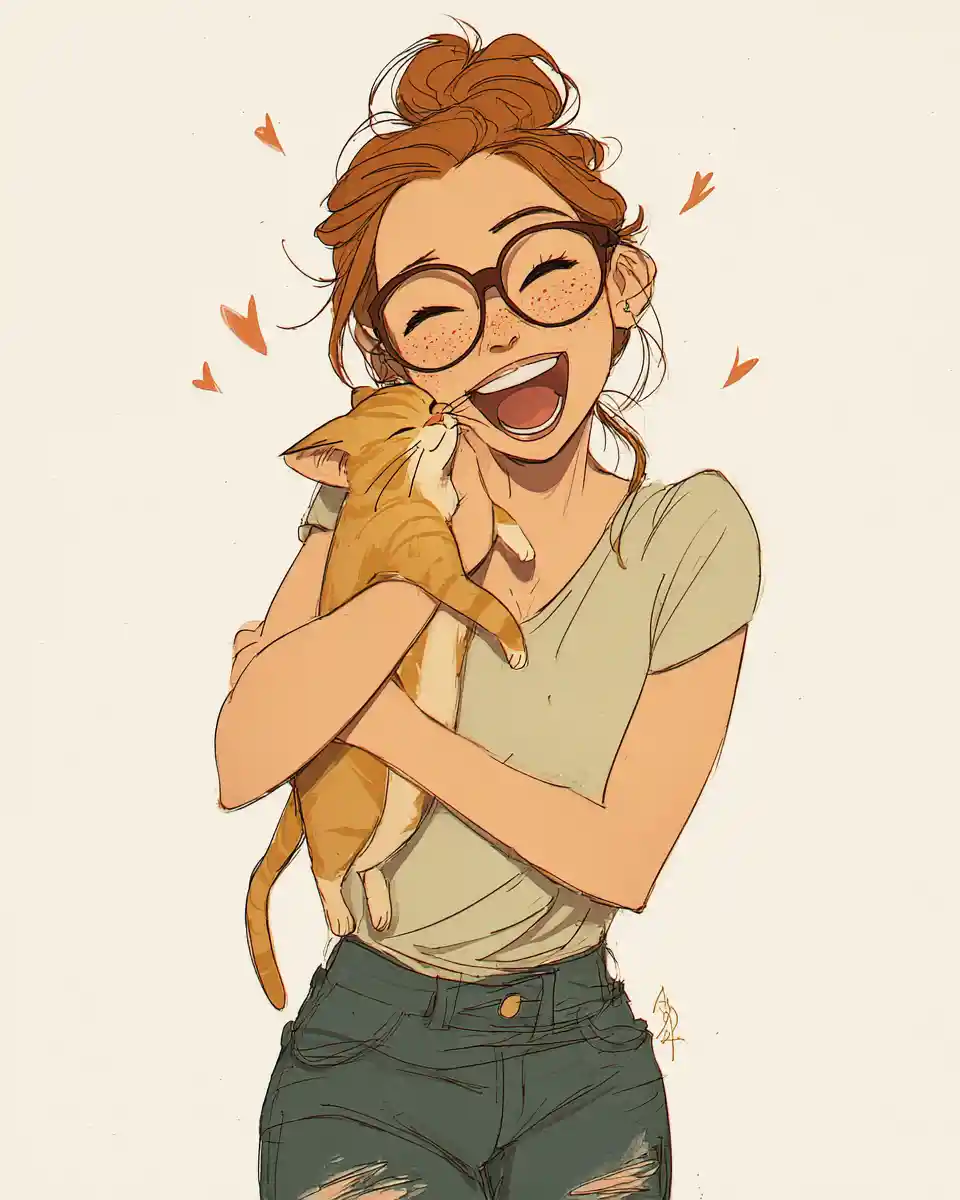 Illustration eines lächelnden Mädchens, das eine getigerte Katze umarmt