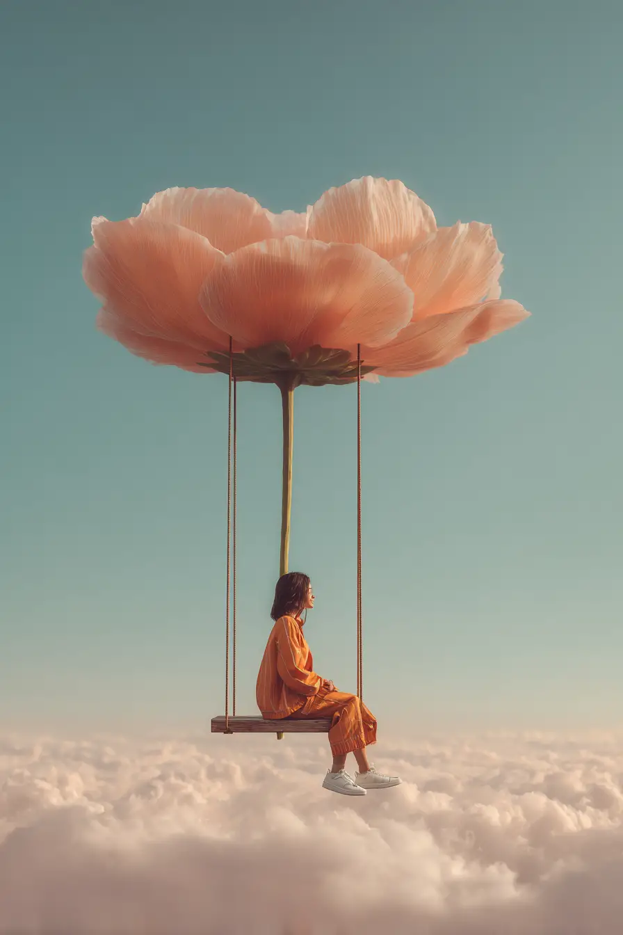 Girl on swing beneath giant flower above the clouds