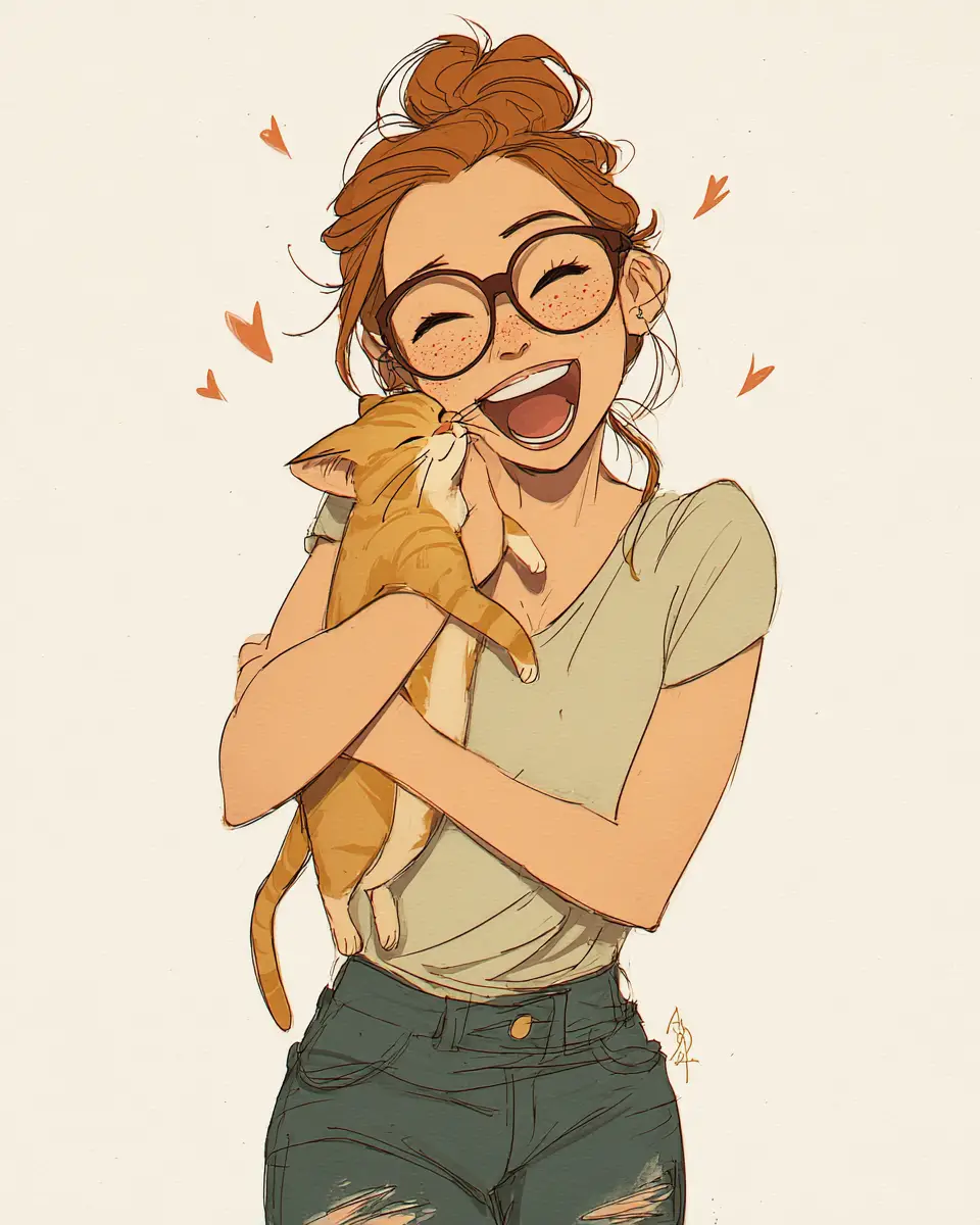 Smiling girl hugging a tabby cat illustration