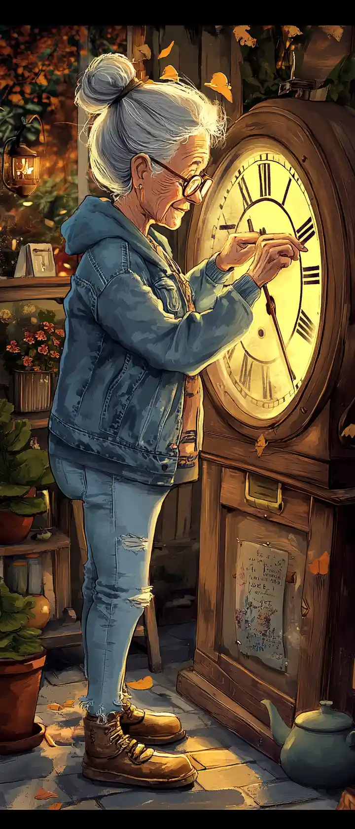 Elderly woman adjusting an antique wall clock outdoors