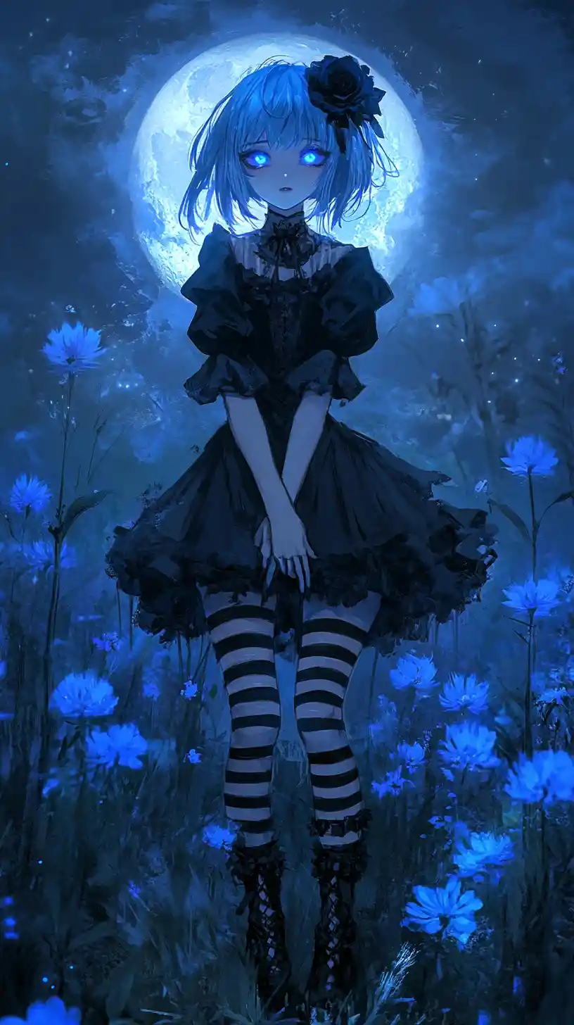 Gothic anime girl in a moonlit field of blue flowers