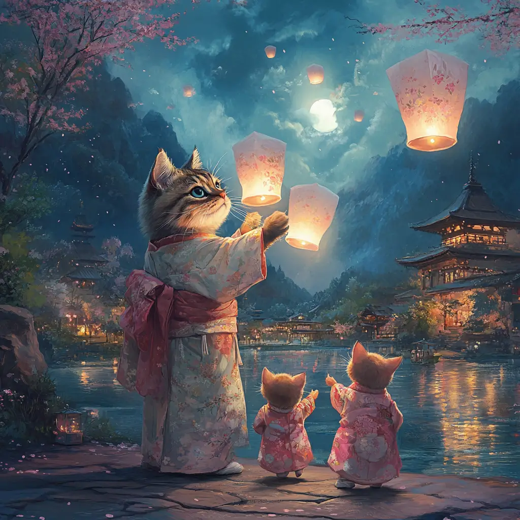 Majestic cats in kimonos releasing glowing sky lanterns