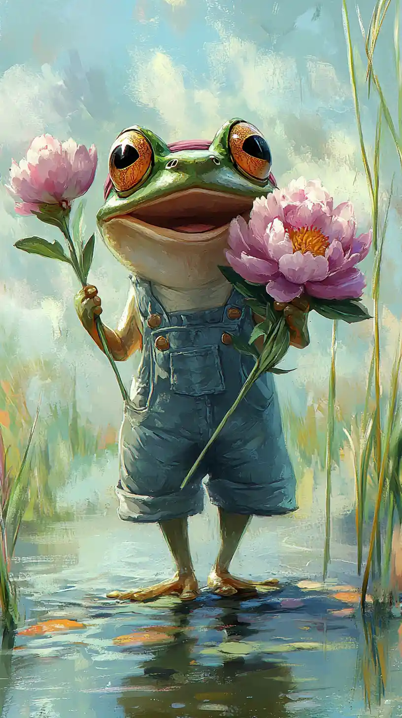 Cute frog with peony standing on a spring pond