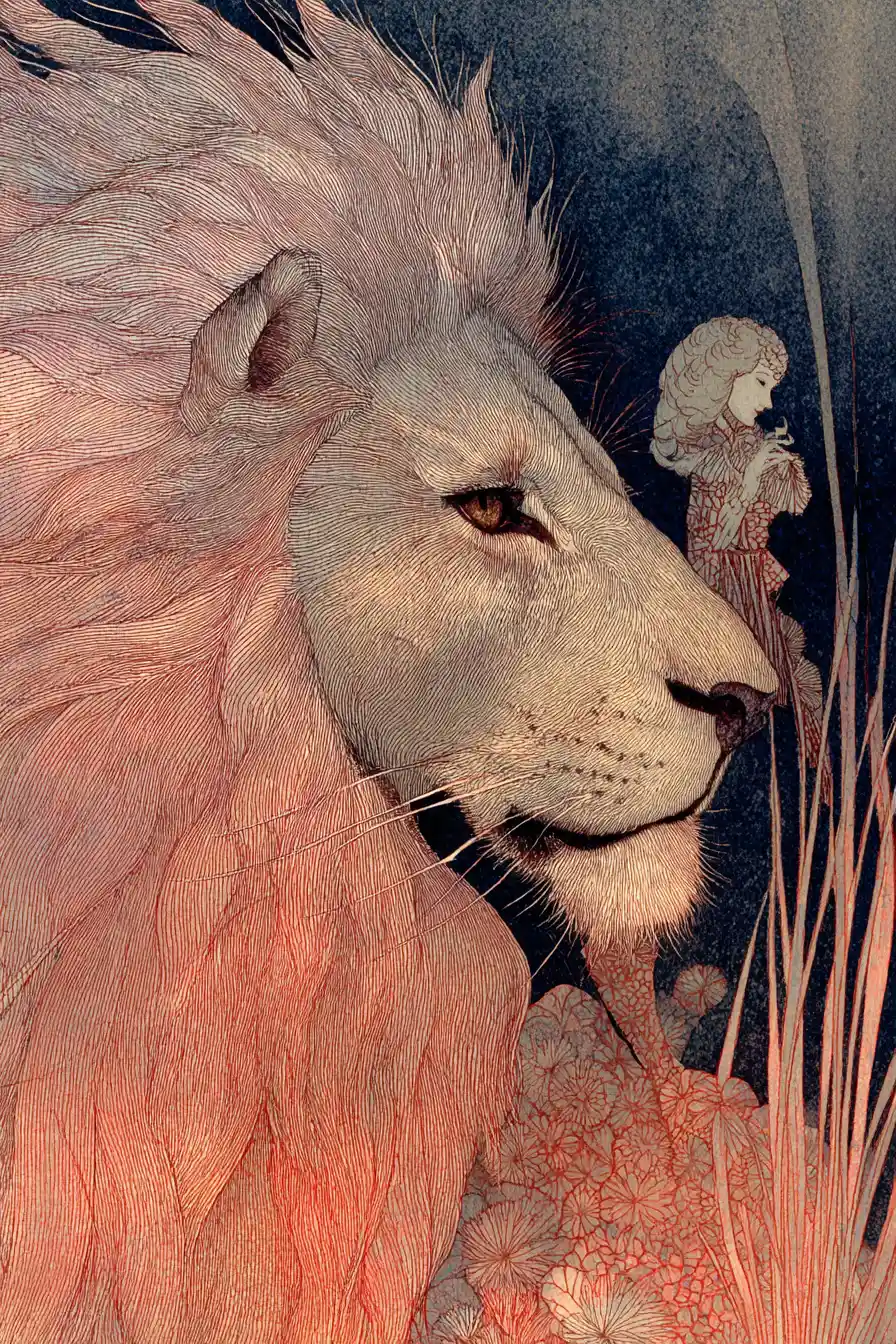 Lion and prince in a romantic magical fantasy illustration