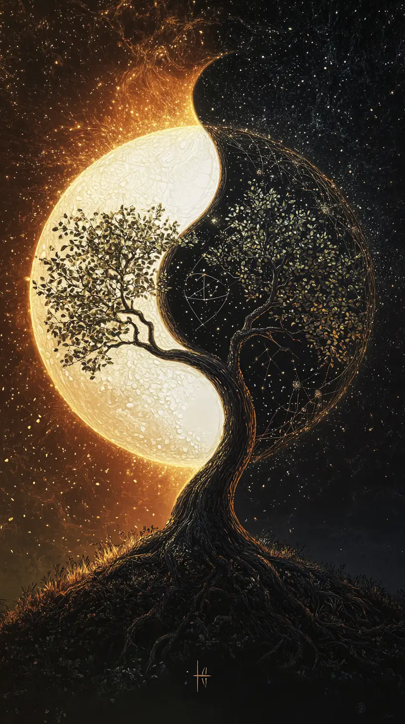 Symmetrical yin yang trees with glowing sacred geometry