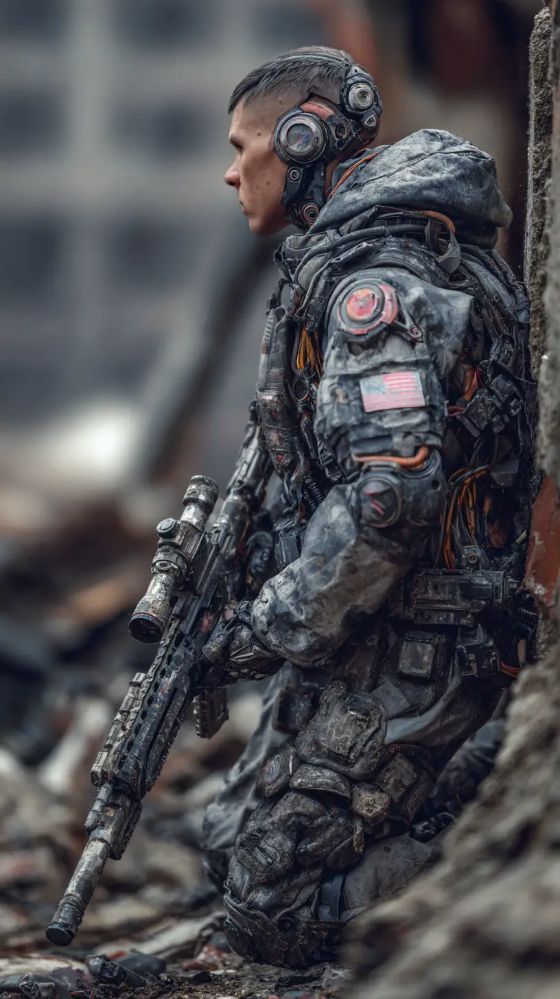 Future soldier sniper in ruined russian urban war zone