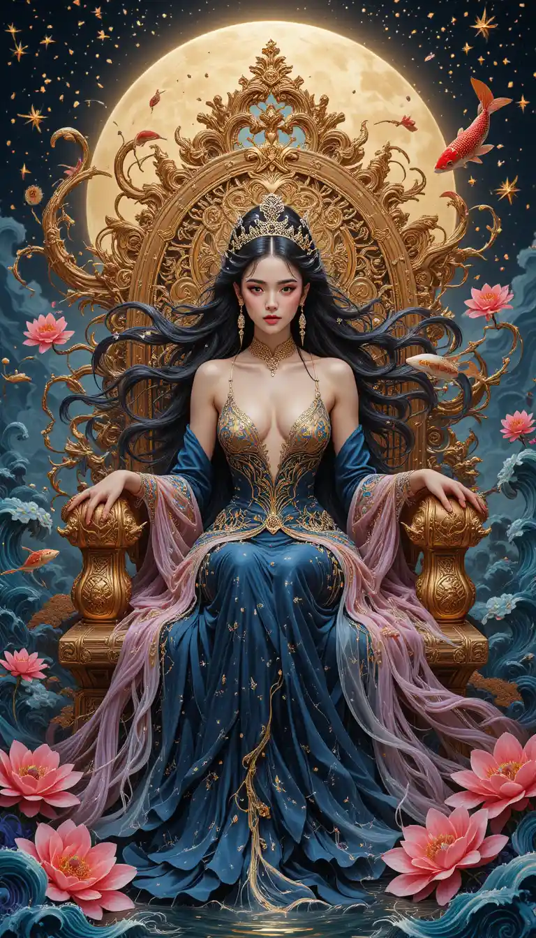 Majestic enchantress reclining on an ornate lacquer throne