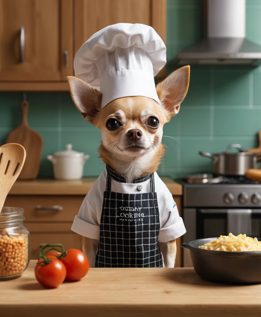 Allegro chihuahua chef che si prepara in una cucina accogliente