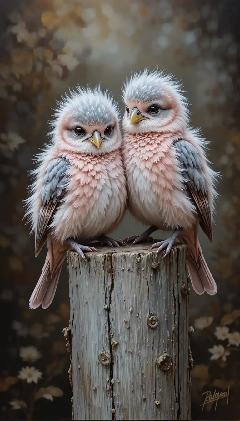風化した木の杭にとまるふわふわのヒナ鳥2羽