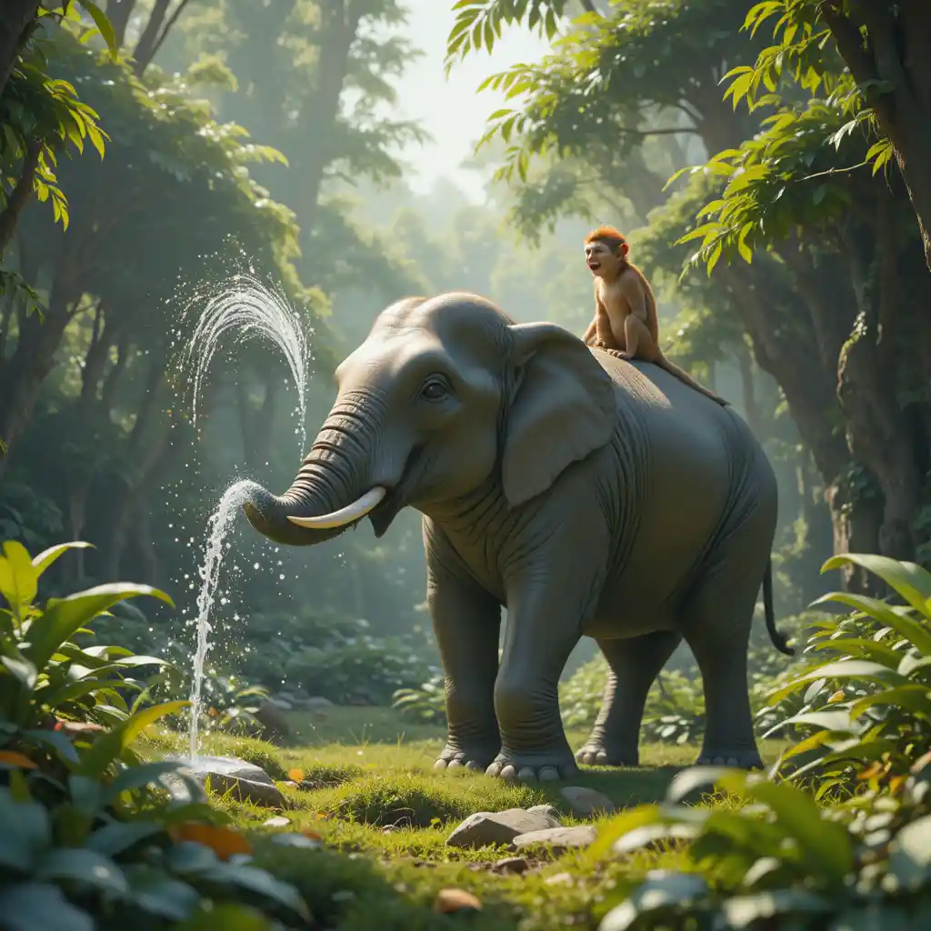 Elefante e scimmia giocherelloni in una giungla verde e soleggiata