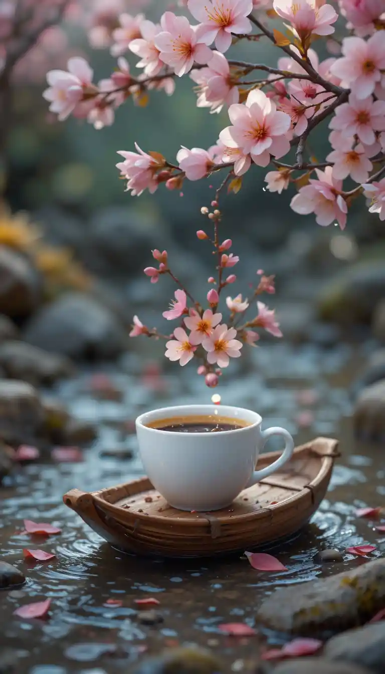 Tazza di caffè e fiori su una minuscola barca di legno nel ruscello