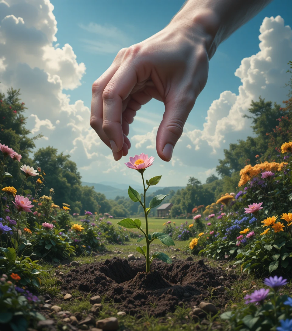 巨大な天の手がそっと一輪の花を植える