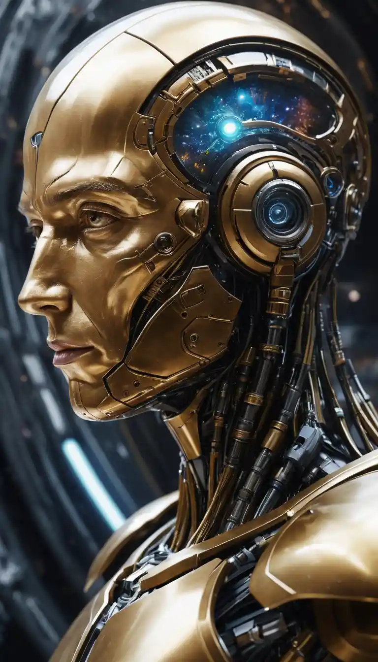Donna di fantascienza serena in primo piano in un mondo fantastico