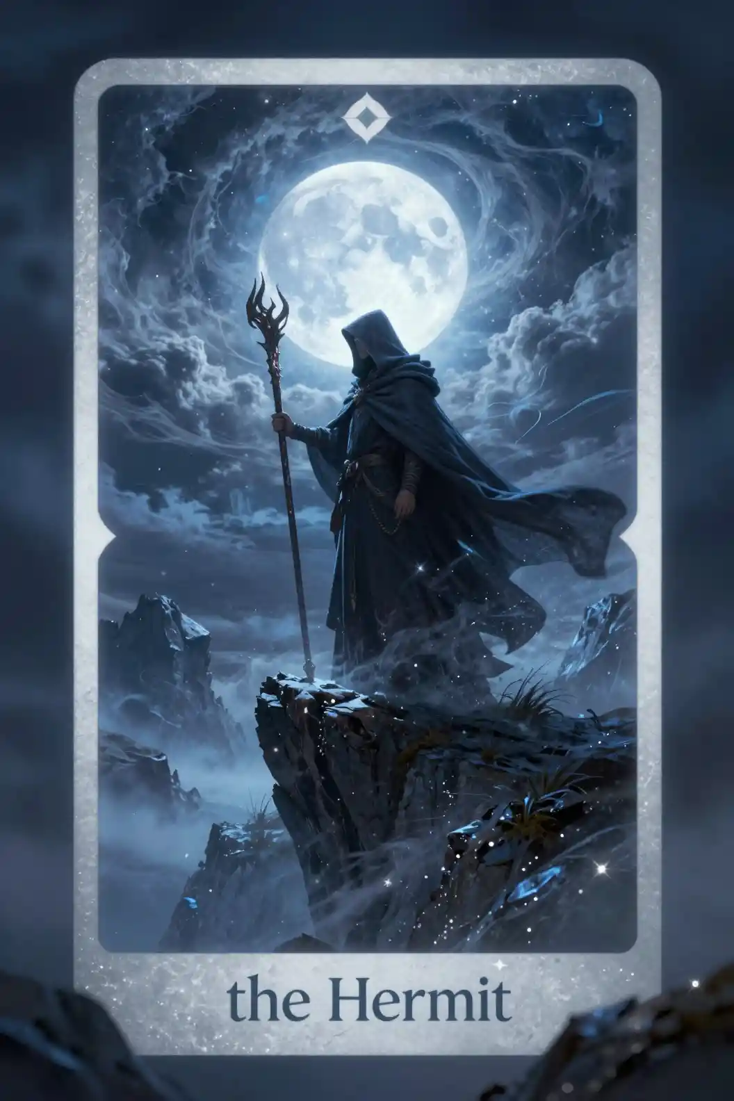Solitary hooded mage on a stormy moonlit cliff