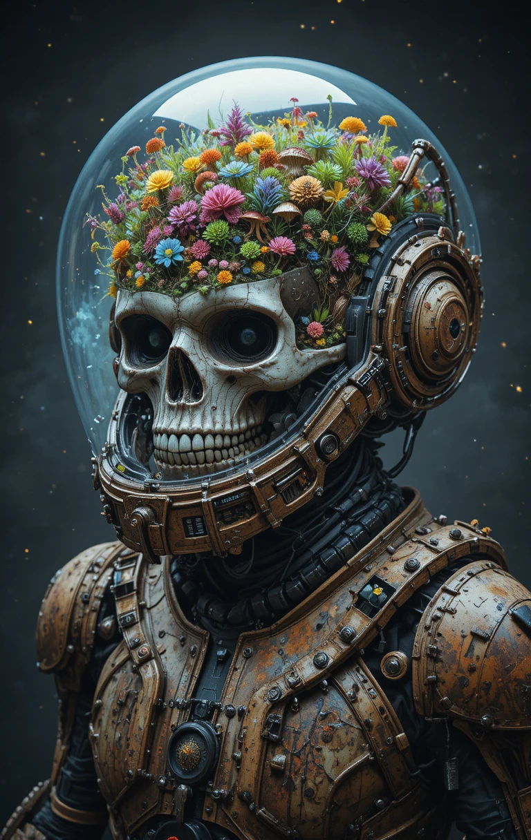 Casco sci‑fi con calavera y plantas en un vacío estrellado