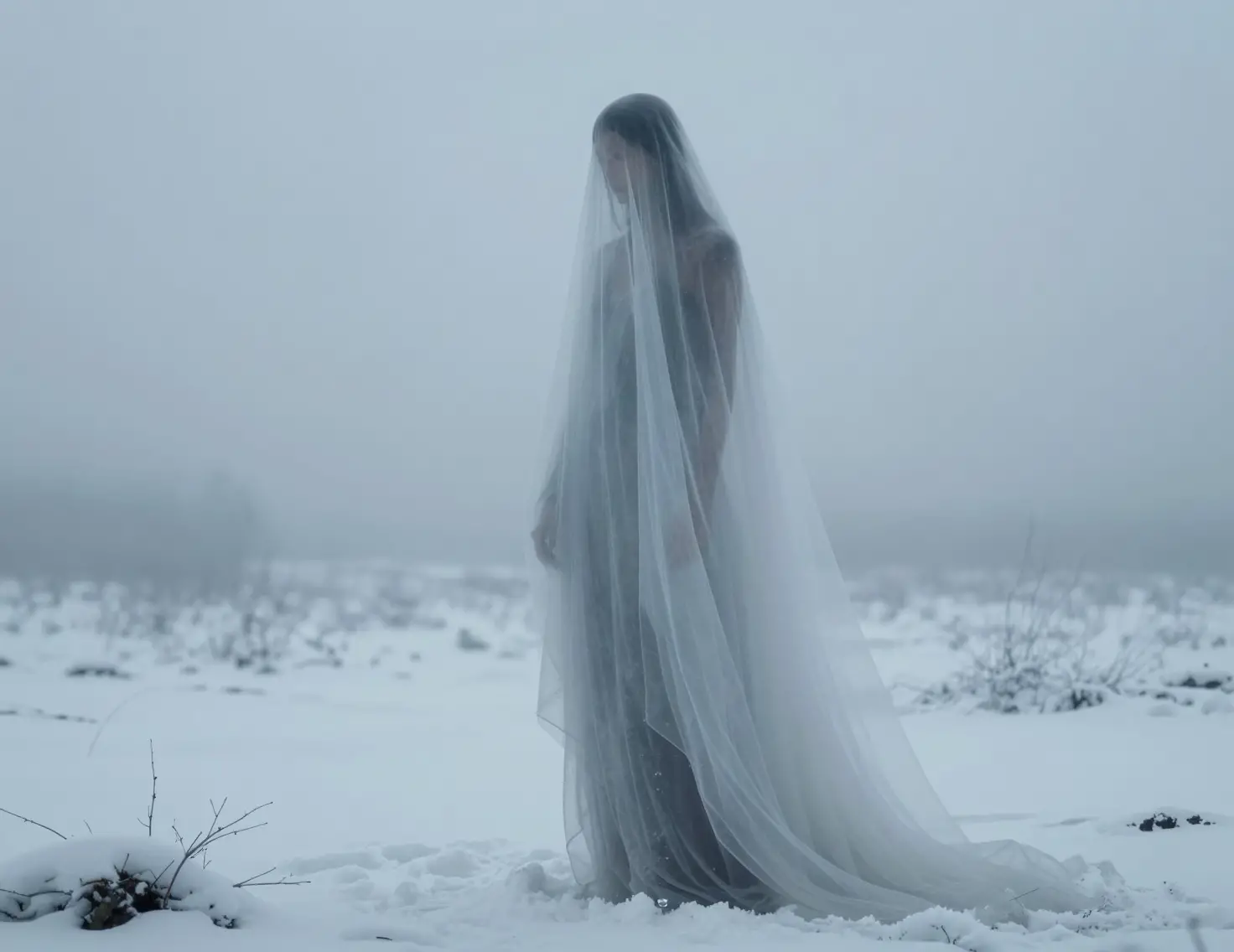 Veiled figure in a silent snowy wilderness under diffused light