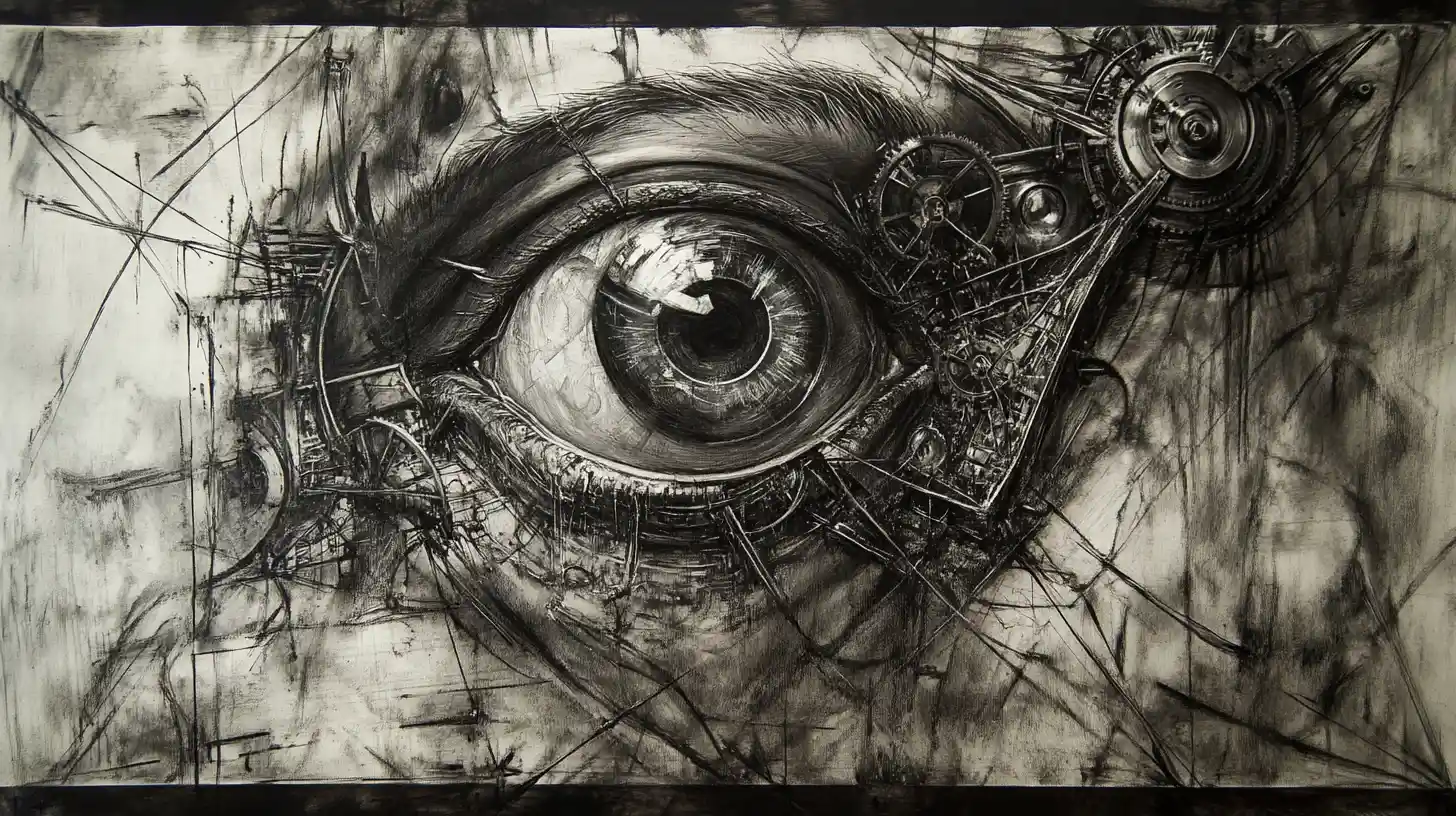 Surreal charcoal face with clockwork eyes in abstract flames