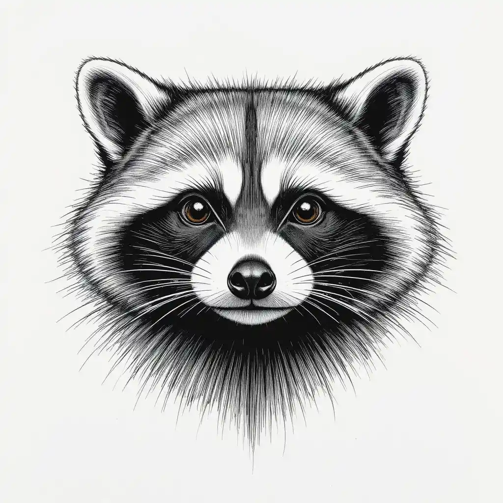 Black and white sketch portrait of a raccoon face