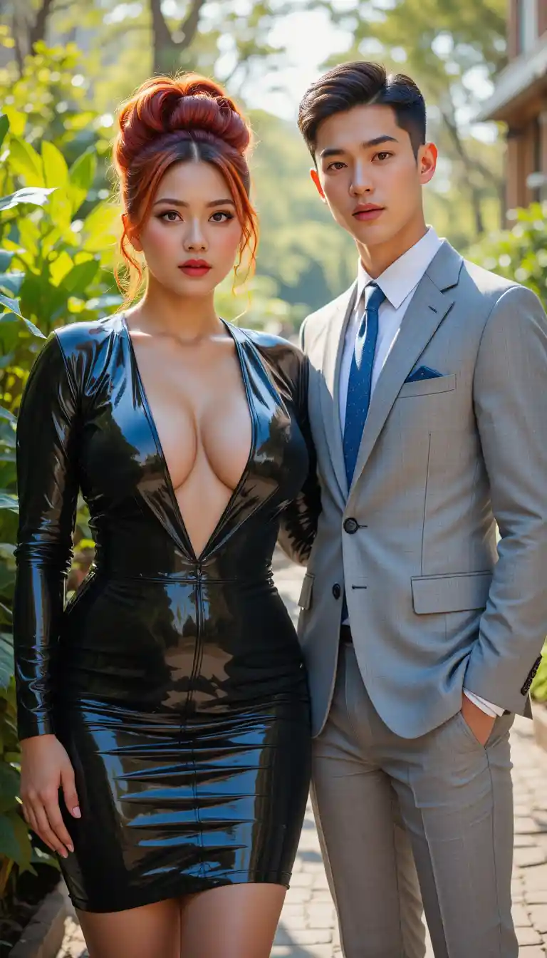 Confident red haired woman in latex with man in suit