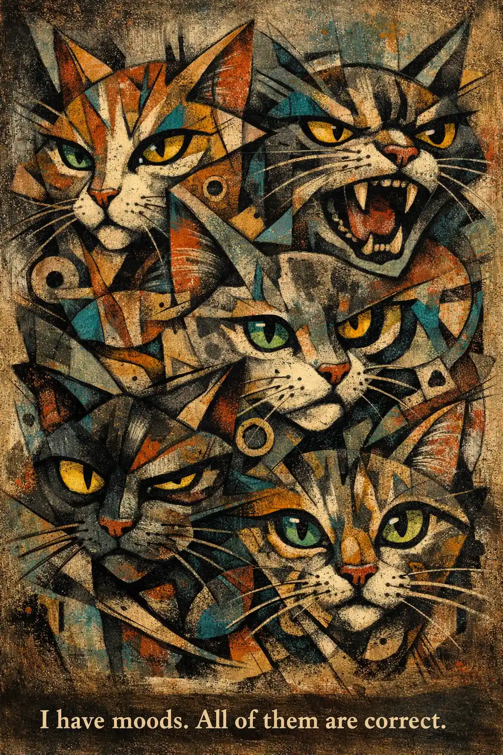 Cubist abstract cat portrait with overlapping feline faces