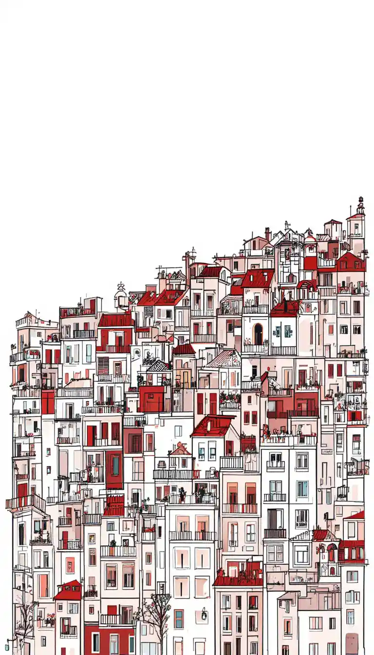Minimal line illustration of a small Spanish town cityscape