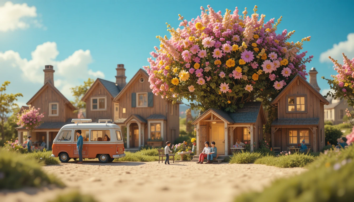 Miniature village beneath giant wildflower bouquet in summer