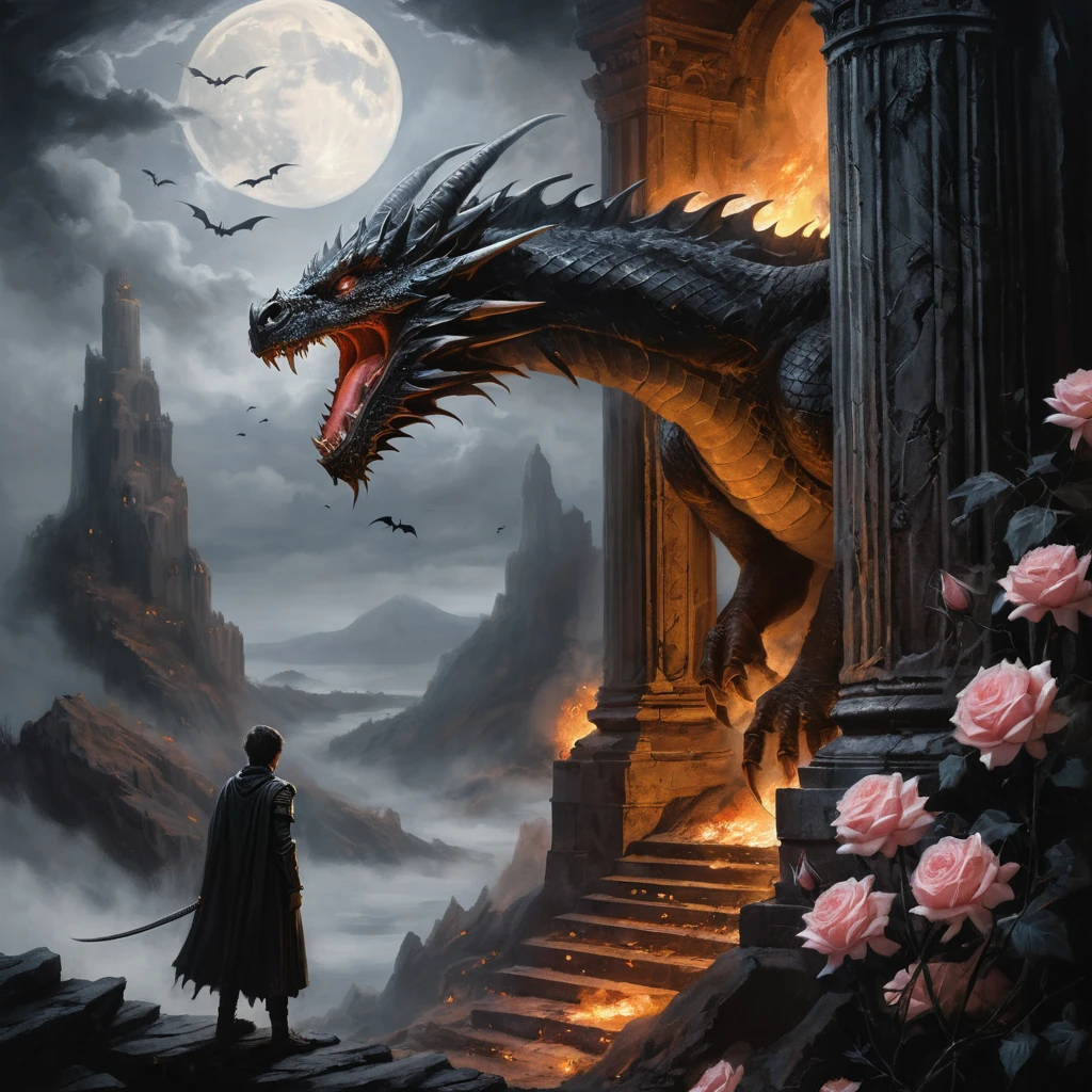 Krieger steht gewaltigem Drachen in gotischer Ruinen-Schrein gegenüber