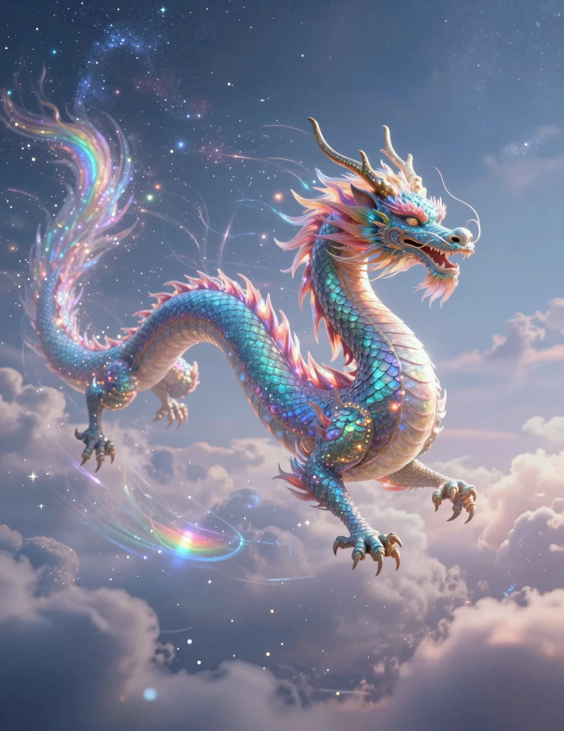 Majestic Chinese dragon soaring across a surreal starry sky